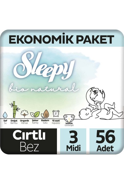 Sleepy Bio Natural Ekonomik Paket Bebek Bezi 3 Numara Midi 56 Adet