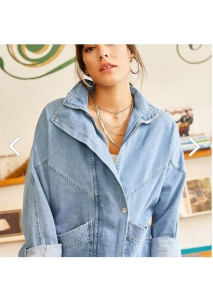 Kadın Mavi Cepli Fermuarlu Çıtçıtlı Uzun Denim Ceket fiyatları