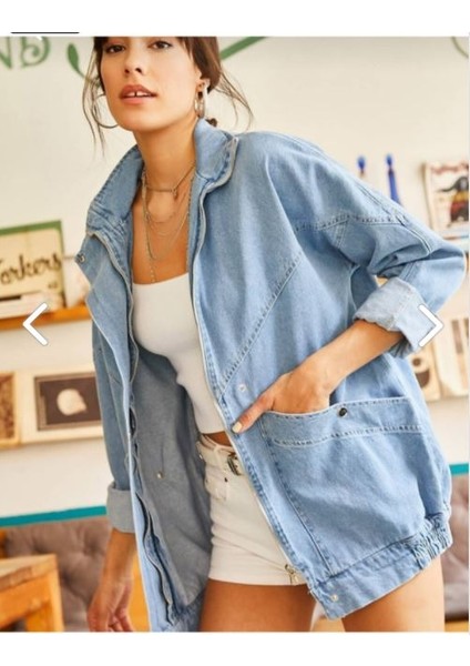 Kadın Mavi Cepli Fermuarlu Çıtçıtlı Uzun Denim Ceket modelleri