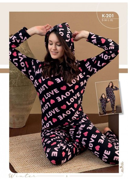 Kapüşonlu Love Desenli Pijama Takımı