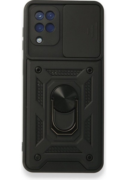 Samsung Galaxy A12 Kılıf Tank Aramid Sürgülü Vega Yüzüklü Siyah