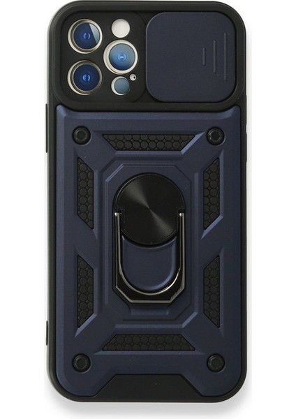 Apple iPhone 12 Pro Kılıf Tank Aramid Sürgülü Vega Yüzüklü Lacivert