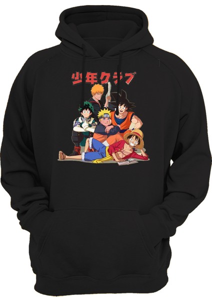 Anime Kahramanları Baskılı 3 Ipl. Şardonlu 600 Gr. Siyah Kapüşonlu Sweatshirt