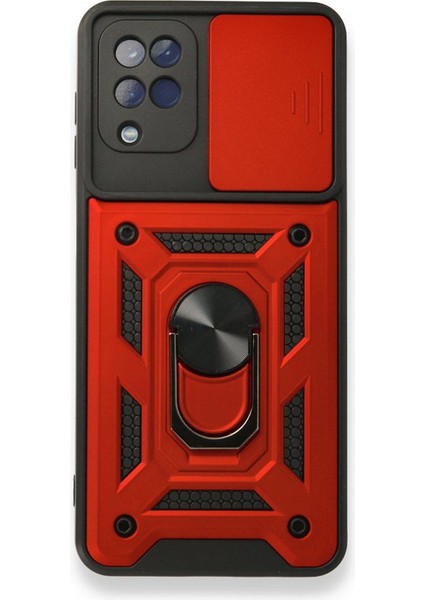 Samsung Galaxy M12 Kılıf Tank Aramid Sürgülü Vega Yüzüklü Kırmızı