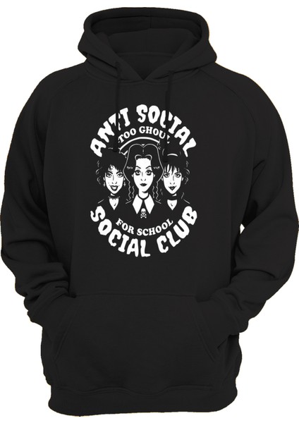 Anti Sosyal Baskılı 3 Ipl. Şardonlu 600 Gr. Siyah Kapüşonlu Sweatshirt
