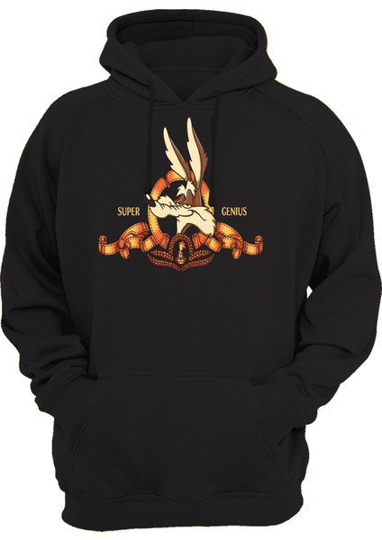 Coyote Baskılı 3 Ipl. Şardonlu 600 Gr. Siyah Kapüşonlu Sweatshirt