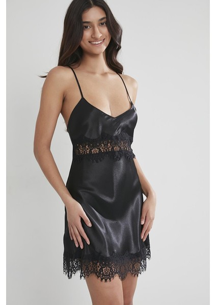 Kadın Saten Dantelli Gecelik 685 Siyah