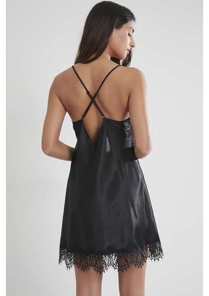 Kadın Saten Dantelli Gecelik 685 Siyah fırsatları