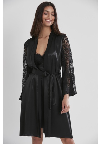 Kadın Saten Dantelli Gecelik & Sabahlık Takım - 4025 Siyah