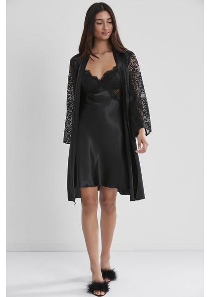 Kadın Saten Dantelli Gecelik & Sabahlık Takım - 4025 Siyah fiyatları