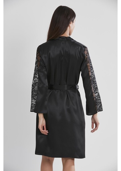 Kadın Saten Dantelli Gecelik & Sabahlık Takım - 4025 Siyah fırsatları