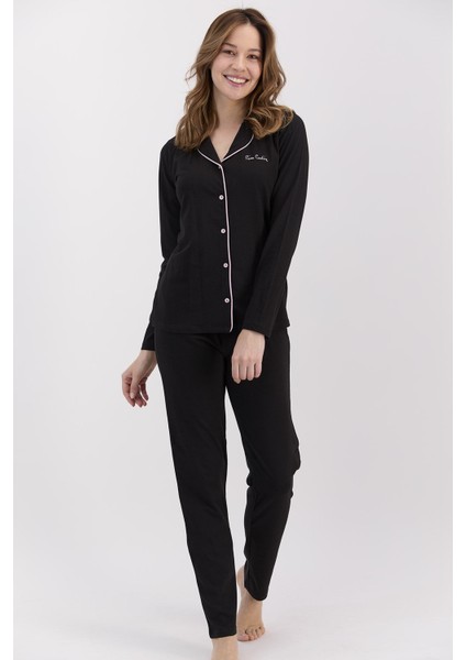 Classic Siyah Kadın Gömlek Pijama Takımı