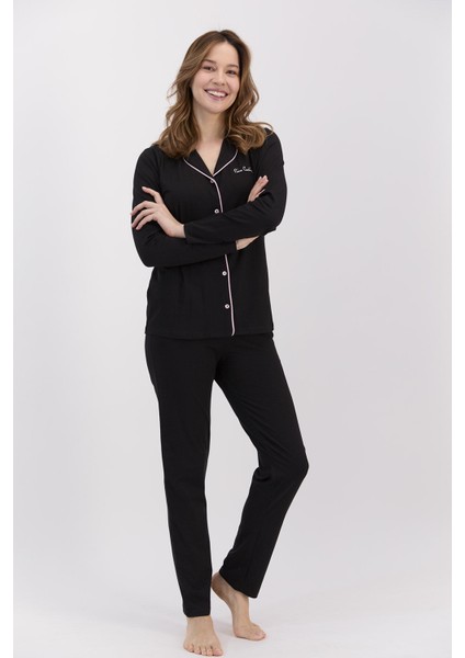 Classic Siyah Kadın Gömlek Pijama Takımı