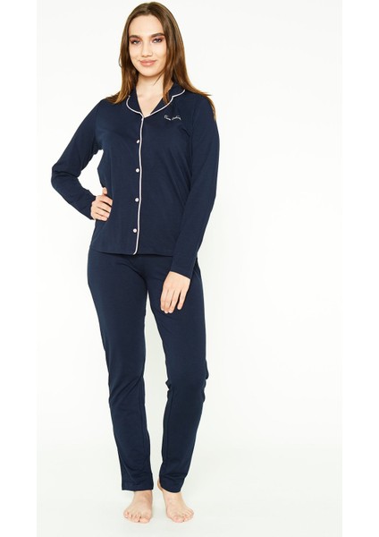 Lacivert Kadın Gömlek Pijama Takımı