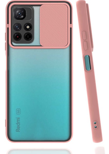 Case 4U Xiaomi Redmi Note 11 Sürgülü Kaydırmalı Kızaklı Kamera Koruyuculu Mat Buzlu Silikon Lensi Kılıf Açık Pembe