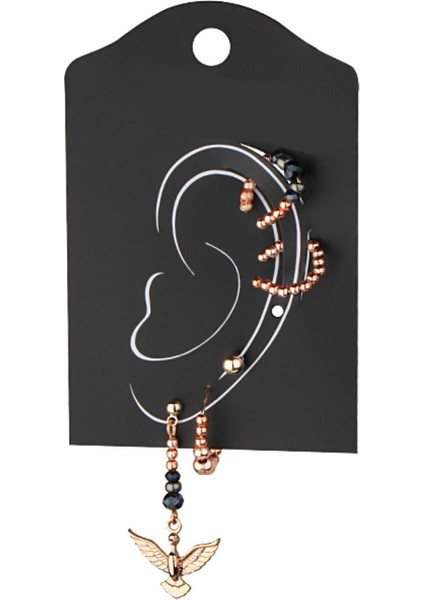Beşli Kombin Ear Cuff Küpe Set Roze Renk