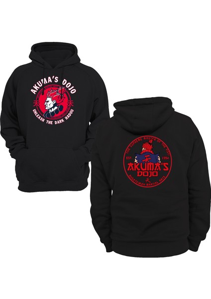 Street Fighter Akuma Dojo Çift Baskılı Siyah 3 Ipl. Şardonlu Kalın (600 Gr.) Içi Polar Kapüşonlu Sweatshirt Hoodie
