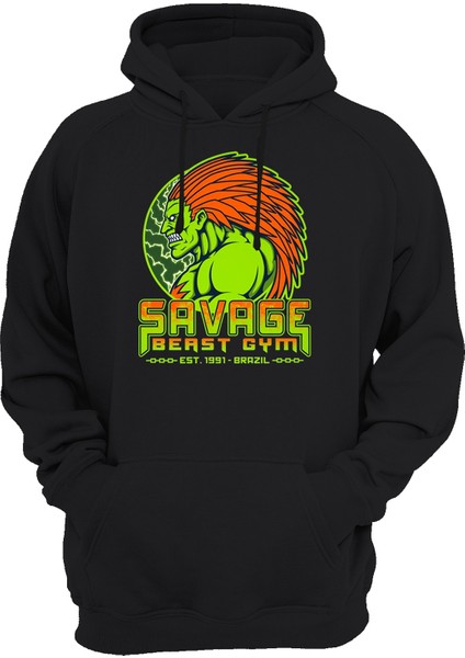 Street Fighter Blanca Gym Baskılı Siyah 3 Ipl. Şardonlu Kalın (600 Gr.) Içi Polar Kapüşonlu Sweatshirt Hoodie