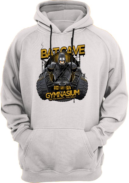 Batman Gym Çift Baskılı Beyaz 3 Ipl. Şardonlu Kalın (600 Gr.) Içi Polar Kapüşonlu Sweatshirt Hoodie