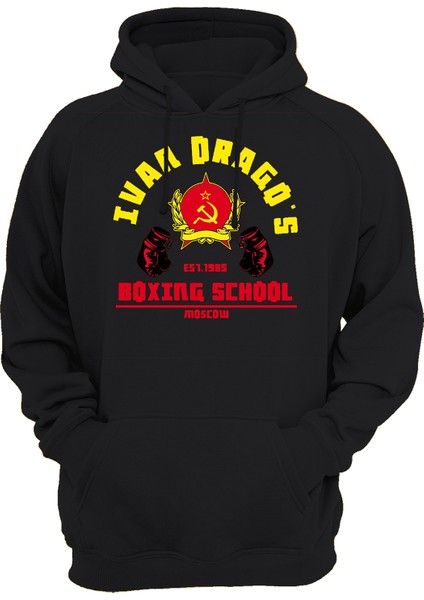 Rocky Ivan Drago Boxing School Baskılı Siyah 3 Ipl. Şardonlu Kalın (600 Gr.) Içi Polar Kapüşonlu Sweatshirt Hoodie