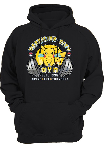 Pokemon Pikachu Gym Baskılı Siyah 3 Ipl. Şardonlu Kalın (600 Gr.) Içi Polar Kapüşonlu Sweatshirt Hoodie