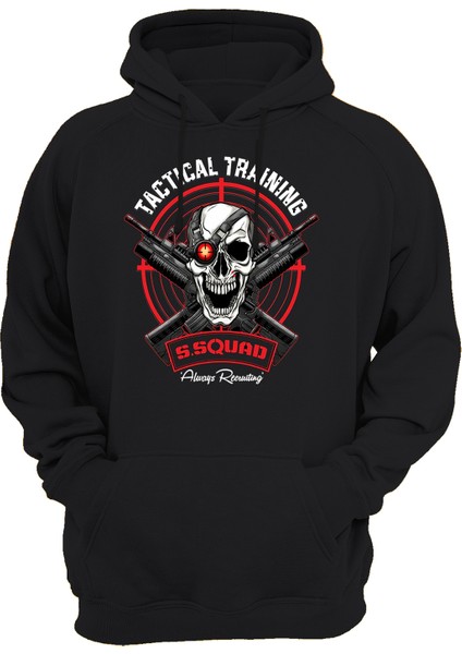 Tactical Training Baskılı Siyah 3 Ipl. Şardonlu Kalın (600 Gr.) Içi Polar Kapüşonlu Sweatshirt Hoodie