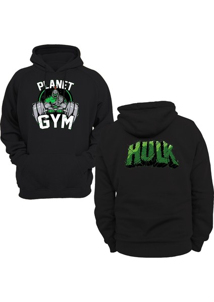Remonz Hulk Gym Çift Baskılı Siyah 3 Ipl. Şardonlu Kalın (600 Gr.) Içi Polar Kapüşonlu Sweatshirt Hoodie