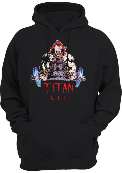 Penny Wise Titan Lift Gym Baskılı Siyah 3 Ipl. Şardonlu Kalın (600 Gr.) Içi Polar Kapüşonlu Sweatshirt Hoodie