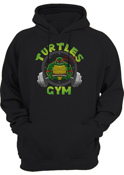 Ninja Turtles Gym Baskılı Siyah 3 Ipl. Şardonlu Kalın (600 Gr.) Içi Polar Kapüşonlu Sweatshirt Hoodie