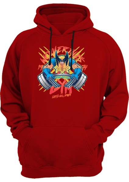 X- Men Wolverine Gym Baskılı Kırmızı 3 Ipl. Şardonlu Kalın (600 Gr.) Içi Polar Kapüşonlu Sweatshirt Hoodie