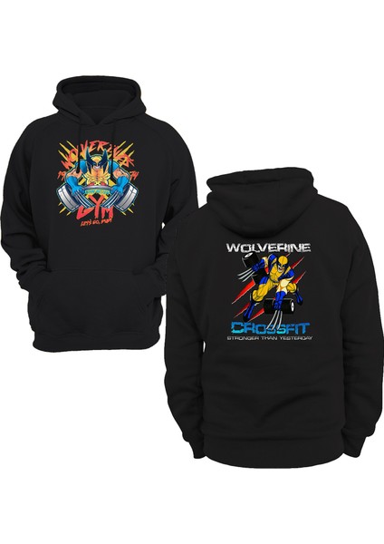 X-Men Wolverine Gym Çift Baskılı Siyah 3 Ipl. Şardonlu Kalın (600 Gr.) Içi Polar Kapüşonlu Sweatshirt Hoodie