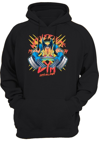 X-Men Wolverine Gym Çift Baskılı Siyah 3 Ipl. Şardonlu Kalın (600 Gr.) Içi Polar Kapüşonlu Sweatshirt Hoodie