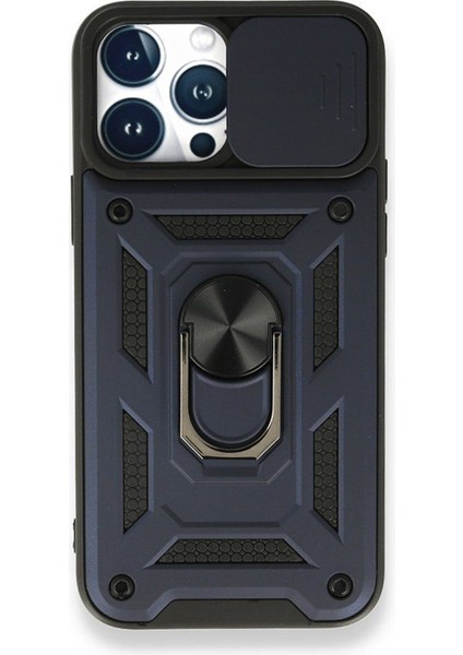 Apple iPhone 13 Pro Max Kılıf Tank Aramid Sürgülü Vega Yüzüklü Lacivert