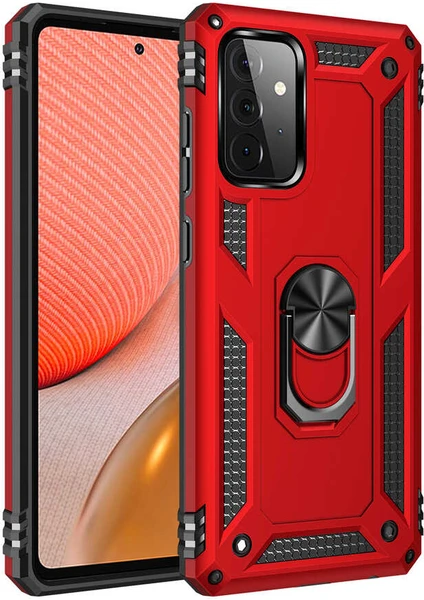 Case Street Samsung Galaxy A52S 5g Kılıf Vega Tank Standlı Yüzüklü Mıknatıslı+Nano Glass Kırmızı