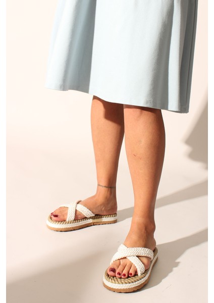 Beyaz Halat Ip Kadın Sandalet