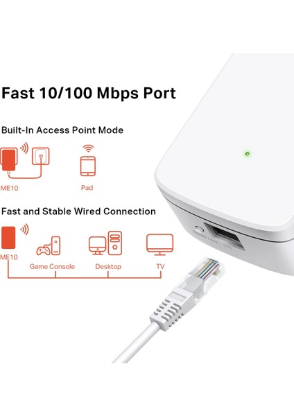 ME10, N300 Mbps, 1× 10/100 Ethernet Bağlantı Noktası, Dahili Access Point Modu, Tek Tuşla Kolay Kurulum, Mobil Uygulama Desteği, Wi-Fi 4 Menzil Genişletici