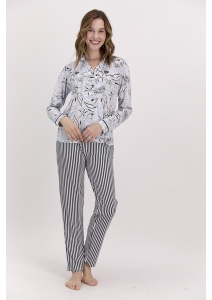 Çiçekli Lacivert Kadım Gömlek Pijama Takımı