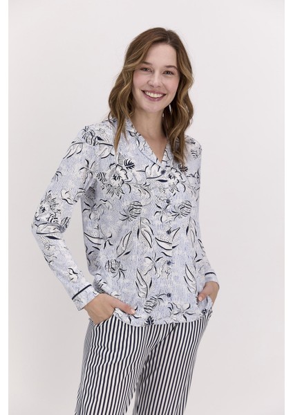 Çiçekli Lacivert Kadım Gömlek Pijama Takımı