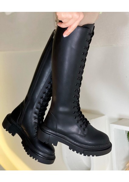 Siyah Kadın Diz Altı Boru Kışlık Bağcıklı Günlük Casual Kalın Taban Uzun Postal Bot Çizme