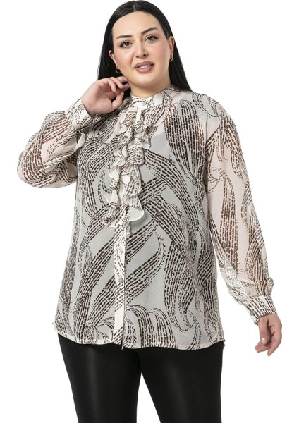 Büyük Beden Yakası Volanlı Manşetli Şifon Bej Rengi Gömlek