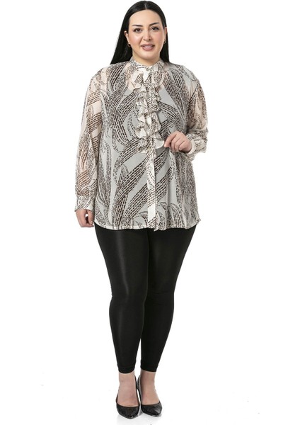 Büyük Beden Yakası Volanlı Manşetli Şifon Bej Rengi Gömlek fiyatları