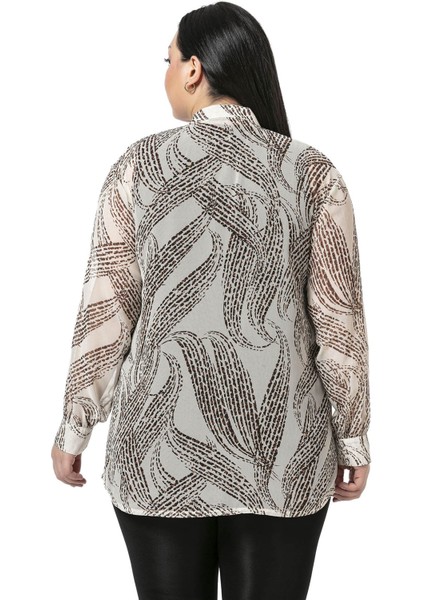 Büyük Beden Yakası Volanlı Manşetli Şifon Bej Rengi Gömlek modelleri