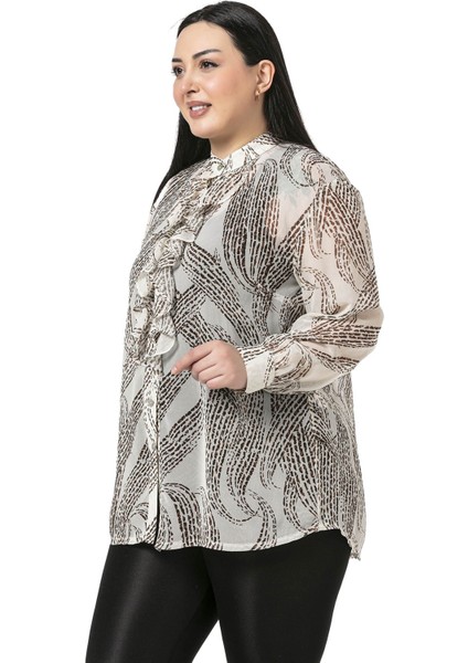 Büyük Beden Yakası Volanlı Manşetli Şifon Bej Rengi Gömlek fırsatları