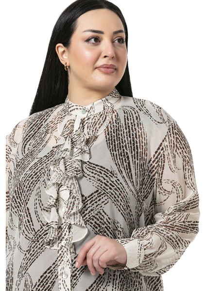 Büyük Beden Yakası Volanlı Manşetli Şifon Bej Rengi Gömlek indirimleri