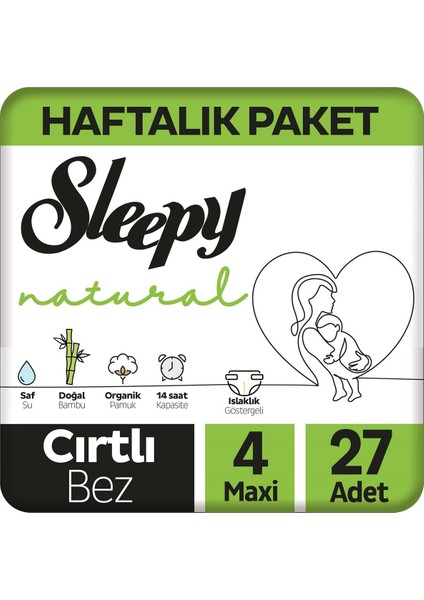 Natural Haftalık Paket Bebek Bezi 4 Numara Maxi 27 Adet