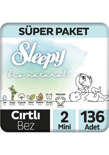 Bio Natural Süper Paket Bebek Bezi 2 Numara Mini 136 Adet