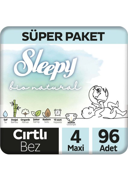 Bio Natural Süper Paket Bebek Bezi 4 Numara Maxi 96 Adet