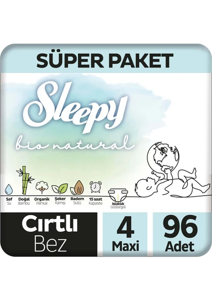 Bio Natural Süper Paket Bebek Bezi 4 Numara Maxi 96 Adet