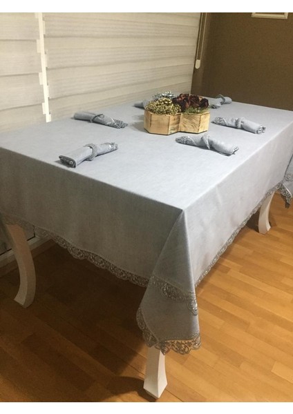 Estee Lüx Dantelli Pamuk Kumaş Gri Masa Örtüsü ve Peçeteli Sofra Takımı 6 kişilik Dikdörtgen 160x220 cm 13 Parça - 757