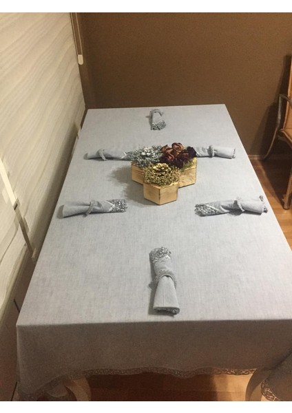 Estee Lüx Dantelli Pamuk Kumaş Gri Masa Örtüsü ve Peçeteli Sofra Takımı 6 kişilik Dikdörtgen 160x220 cm 13 Parça - 757